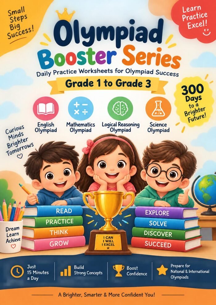 Olympiad Booster Series — 300-Day Olympiad Mastery Workbook cover, Grade 1 to Grade 3, covering English, Mathematics, Logical Reasoning and Science