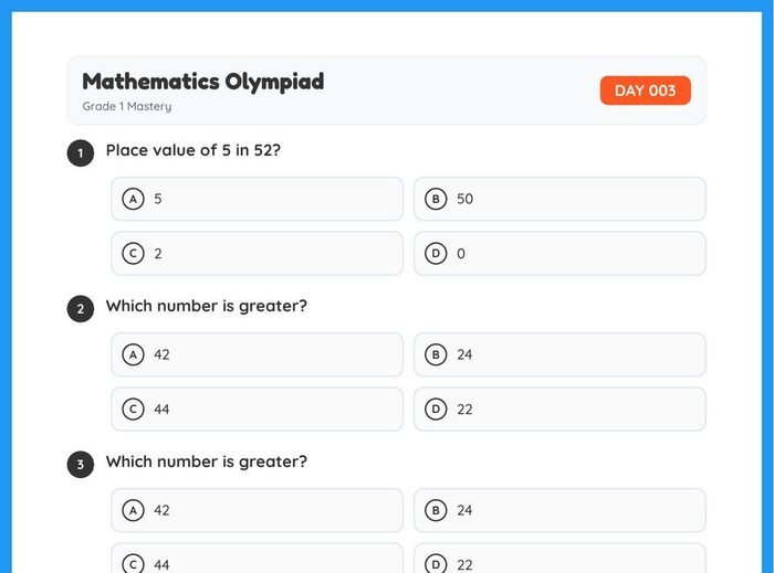 Sample Mathematics Olympiad worksheet, Day 003, Grade 1 — place value and number comparison multiple-choice questions