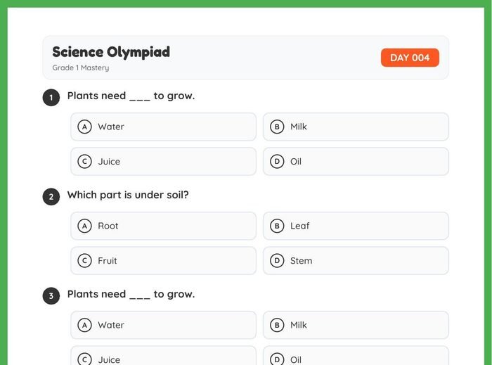 Sample Science Olympiad worksheet, Day 004, Grade 1 — plants and nature multiple-choice questions